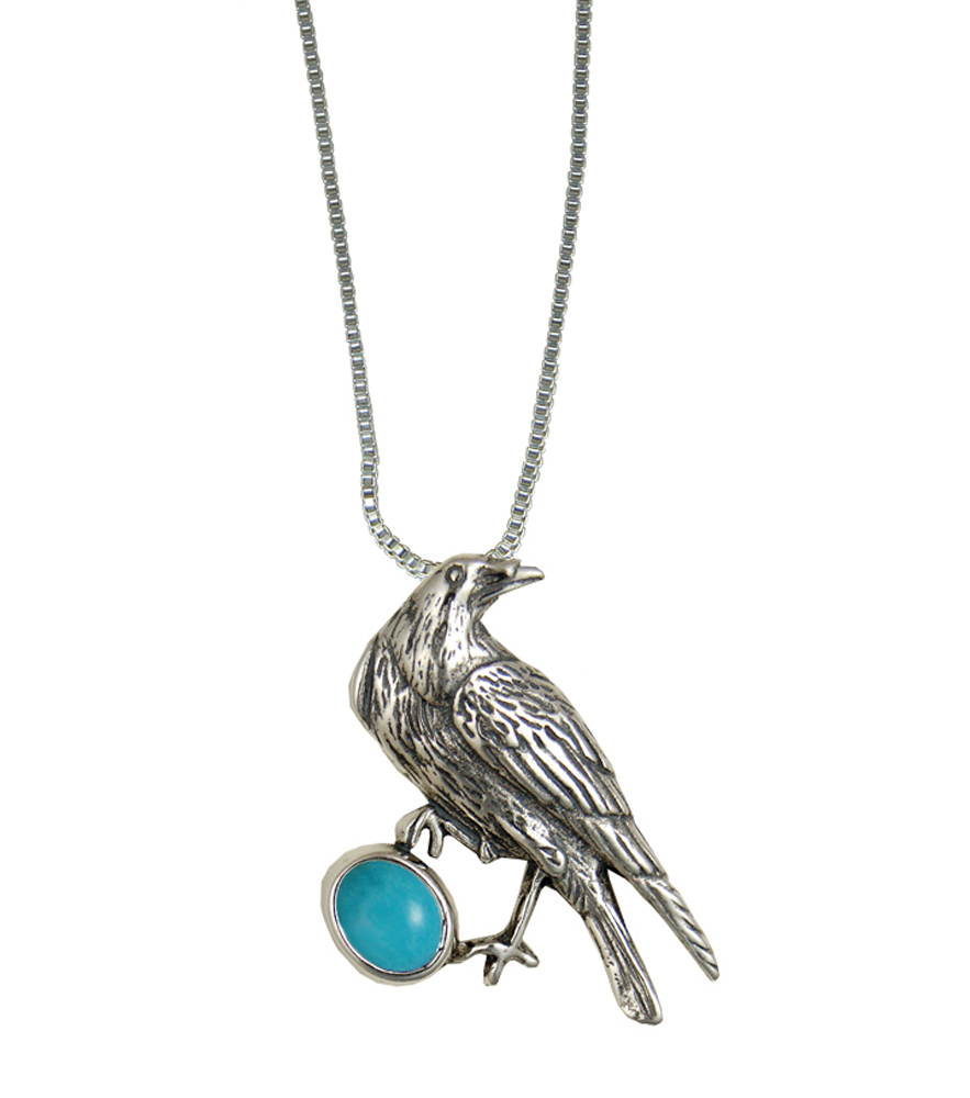 Sterling Silver Raven Pendant With Turquoise